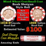 Mixed small cents 1c orig shotgun roll, 1912-d Wheat Cent, 1898 Indian cent other end, Seal Strong W