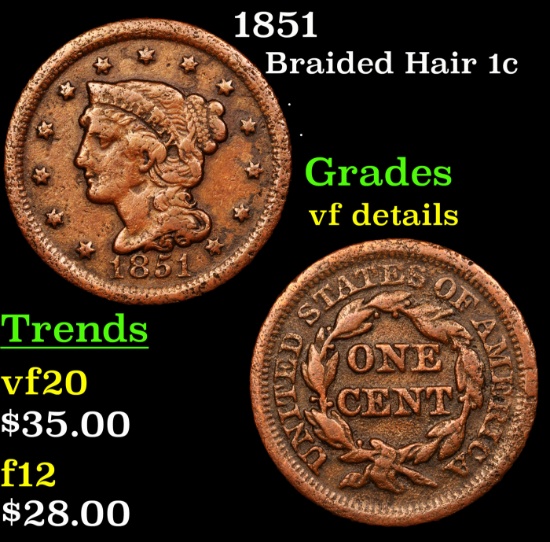 1851 Braided Hair Large Cent 1c Grades vf details