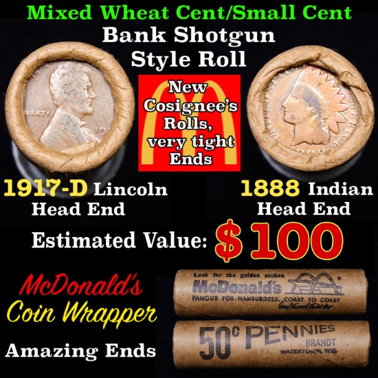 Mixed small cents 1c orig shotgun roll, 1917-d Wheat Cent, 1888 Indian cent other end, McDonalds Wra