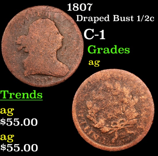 1807 Draped Bust Half Cent 1/2c Grades ag
