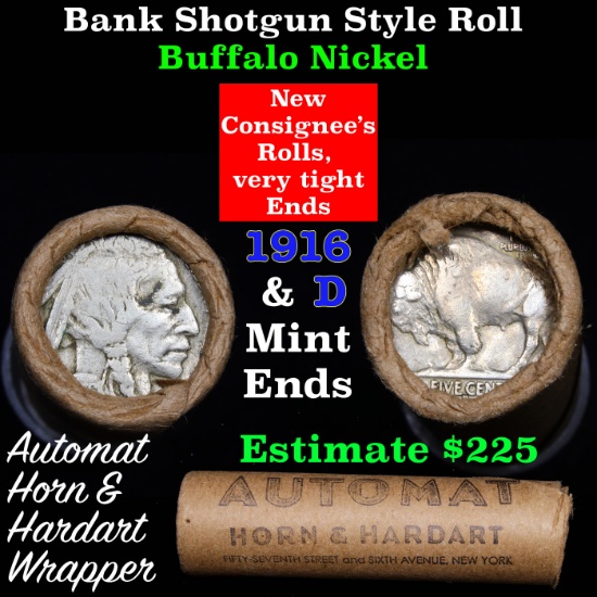 Buffalo Nickel Shotgun Roll in Old Bank Style 'Automat Horn & Hardart' Wrapper 1916 & d Mint Ends