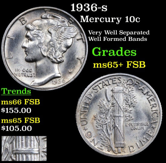 1936-s Mercury Dime 10c Grades GEM+ FSB