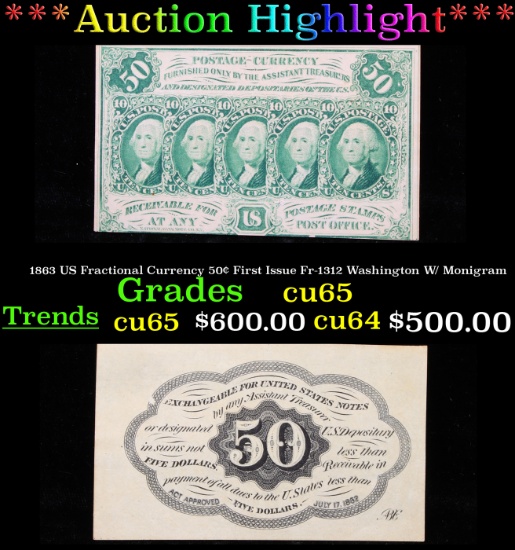 ***Auction Highlight*** 1863 US Fractional Currency 50¢ First Issue Fr-1312 Washington W/ Monigram G