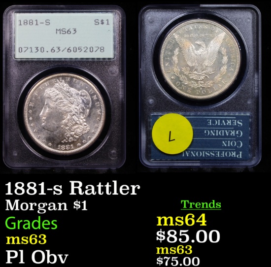PCGS 1881-s Rattler Morgan Dollar $1 Graded ms63 By PCGS