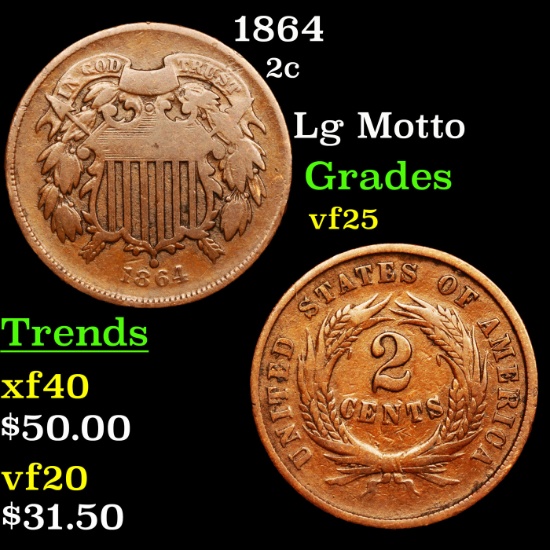 1864 Two Cent Piece 2c Grades vf+