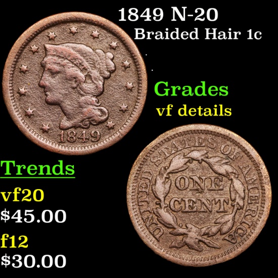 1849 N-20 Braided Hair Large Cent 1c Grades vf details