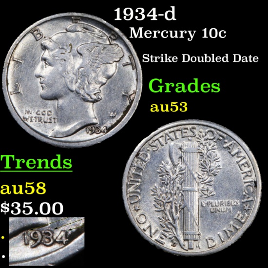 1934-d Mercury Dime 10c Grades Select AU