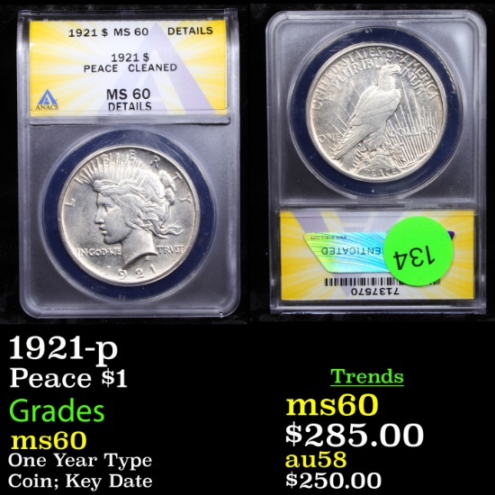 ANACS 1921-p Peace Dollar $1 Graded ms60 By ANACS