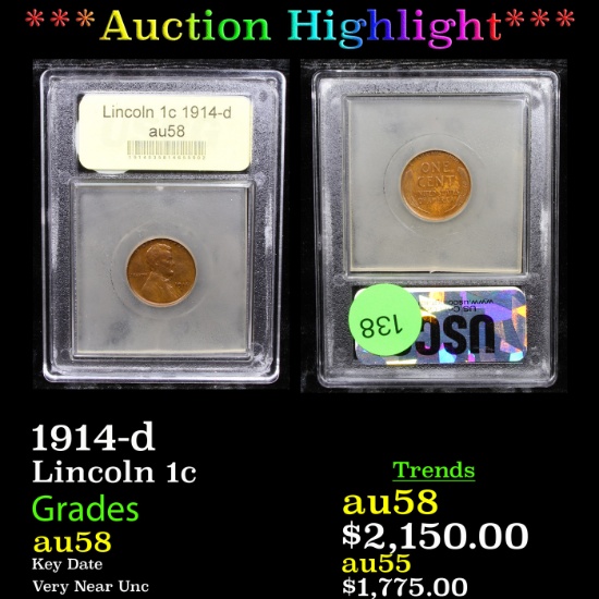 ***Auction Highlight*** 1914-d Lincoln Cent 1c Graded Choice AU/BU Slider By USCG (fc)
