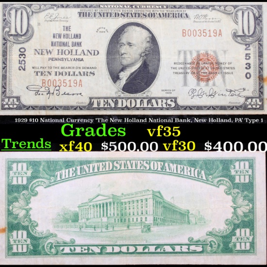 1929 $10 National Currency 'The New Holland National Bank, New Holland, PA' Type 1 Grades vf++