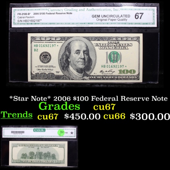 *Star Note* 2006 $100 Federal Reserve Note Graded cu67 By CGA