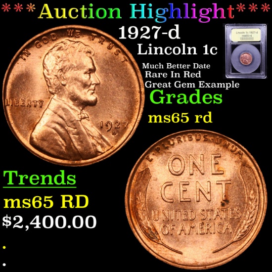 ***Auction Highlight*** 1927-d Lincoln Cent 1c Grades GEM Unc RD (fc)