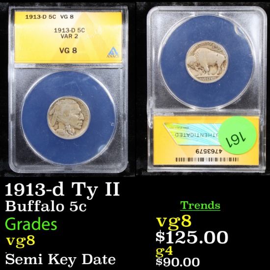 ANACS 1913-d Ty II Buffalo Nickel 5c Graded vg8 By ANACS