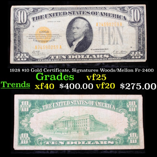 1928 $10 Gold Certificate, Signatures Woods/Mellon Fr-2400 Grades vf+