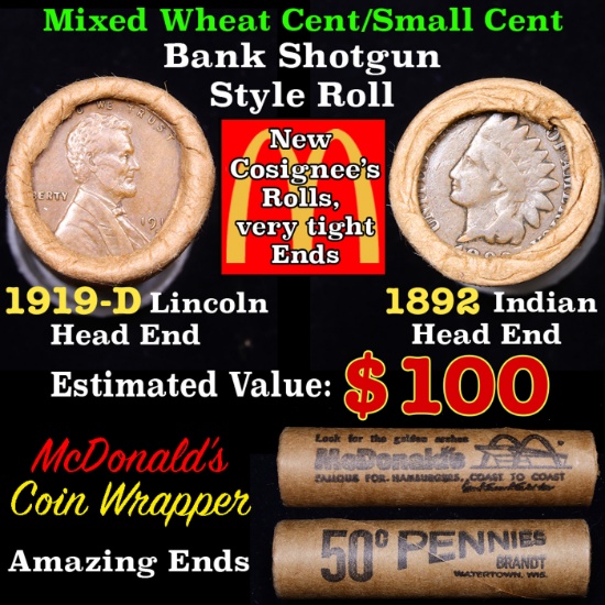 Mixed small cents 1c orig shotgun roll, 1919-d Wheat Cent, 1892 Indian cent other end, McDonalds Wra