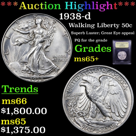 ***Auction Highlight*** 1938-d Walking Liberty Half Dollar 50c Graded GEM+ Unc By USCG (fc)