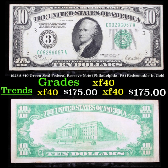 1928A $10 Green Seal Federal Reserve Note (Philadelphia, PA) Redeemable In Gold Grades xf