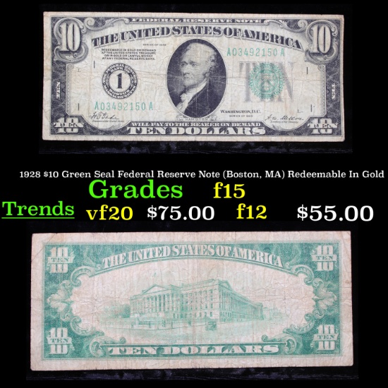 1928 $10 Green Seal Federal Reserve Note (Boston, MA) Redeemable In Gold Grades f+