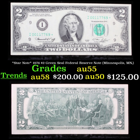 *Star Note* 1976 $2 Green Seal Federal Reserve Note (Minneapolis, MN,) Grades Choice AU