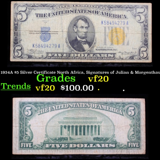 1934A $5 Silver Certificate North Africa, Signatures of Julian & Morgenthau Grades vf, very fine