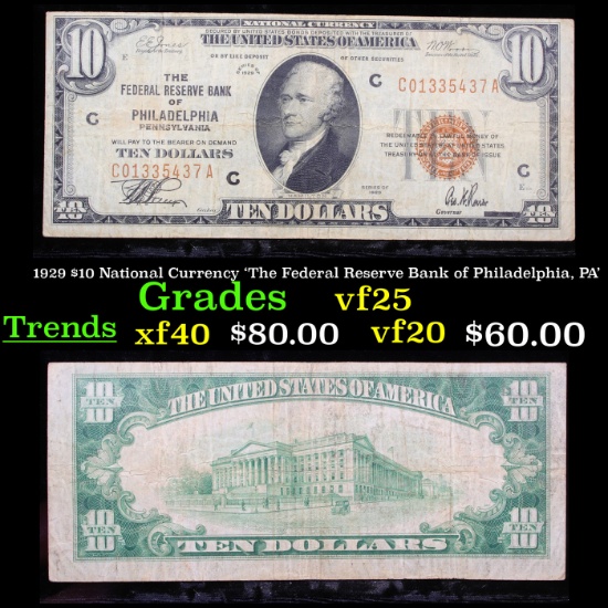 1929 $10 National Currency 'The Federal Reserve Bank of Philadelphia, PA' Grades vf+