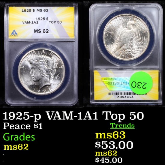 ANACS 1925-p VAM-1A1 Top 50 Peace Dollar $1 Graded ms62 By ANACS