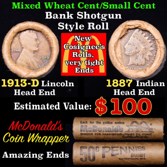 Mixed small cents 1c orig shotgun roll, 1913-d Wheat Cent, 1887 Indian cent other end, McDonalds Wra