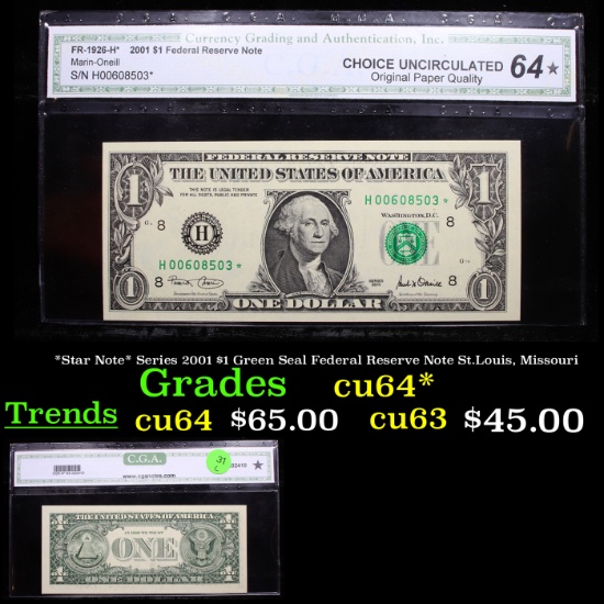 *Star Note* Series 2001 $1 Green Seal Federal Reserve Note St.Louis, Missouri Graded cu64* By CGA