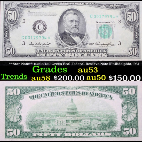 **Star Note** 1950a $50 Green Seal Federal Reserve Note (Philidelphia, PA) Grades Select AU