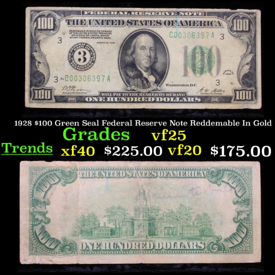 1928 $100 Green Seal Federal Reserve Note Reddemable In Gold Grades vf+