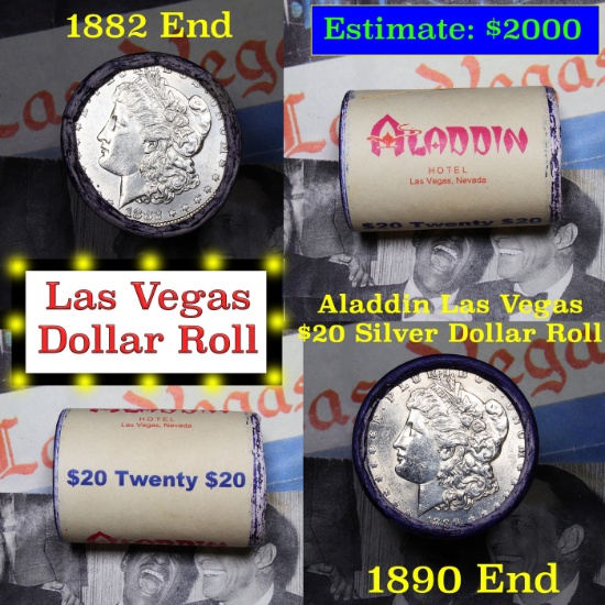 ***Auction Highlight*** Full Morgan/Peace Aladdin Hotel silver $1 roll $20, 1882 & 1890 end (fc)