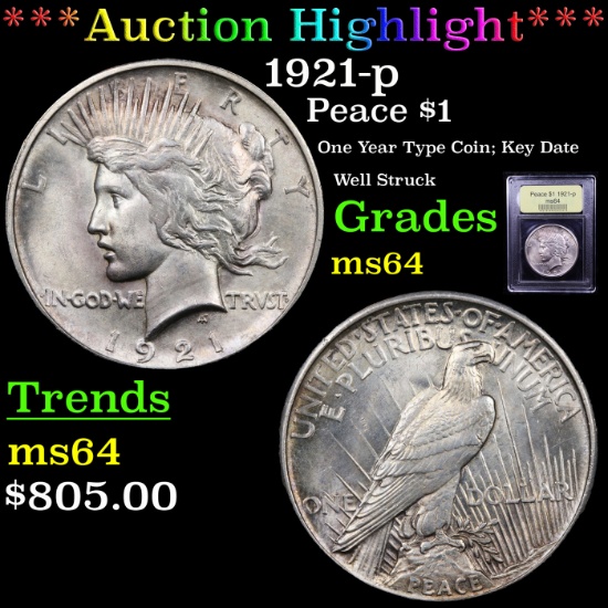 ***Auction Highlight*** 1921-p Peace Dollar $1 Graded Choice Unc By USCG (fc)