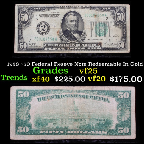 1928 $50 Federal Reseve Note Redeemable In Gold Grades vf+