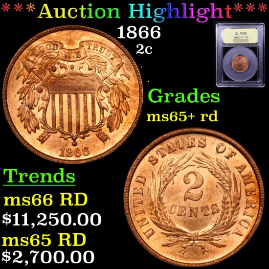 ***Auction Highlight*** 1866 Two Cent Piece 2c Graded Gem+ Unc RD By USCG (fc)
