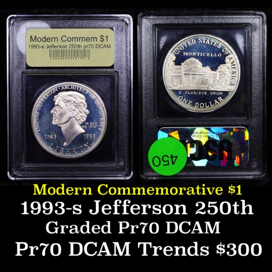 Proof 1993-S Jefferson Modern Commem Dollar $1 Graded GEM++ Proof Deep Cameo By USCG