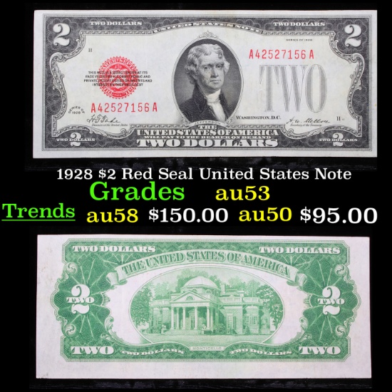 1928 $2 Red Seal United States Note Grades Select AU