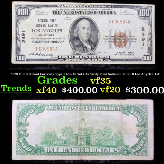 1929 $100 National Currency Type 1 Low Serial # 'Security First National Bank Of Los Angeles, CA' Gr