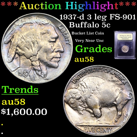 ***Auction Highlight*** 1937-d 3 leg FS-901 Buffalo Nickel 5c Graded Choice AU/BU Slider By USCG (fc