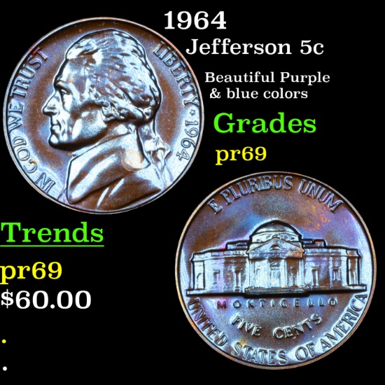 Proof 1964 Jefferson Nickel 5c Grades GEM++ Proof