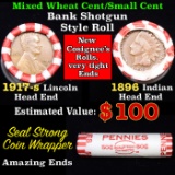 Mixed small cents 1c orig shotgun roll, 1917-s Wheat Cent, 1896 Indian cent other end, Seal Strong W