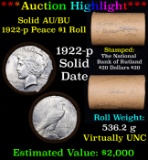 ***Auction Highlight*** AU/BU Slider Rutland Shotgun Peace $1 Roll 1922 & P Ends Virtually UNC (fc)