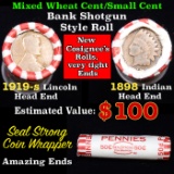 Mixed small cents 1c orig shotgun roll, 1919-s Wheat Cent, 1898 Indian cent other end, Seal Strong W