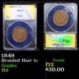 ANACS 1849 Braided Hair Large Cent 1c Graded f12 By ANACS