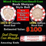 Mixed small cents 1c orig shotgun roll, 1911-d Wheat Cent, 1891 Indian cent other end, Seal Strong W