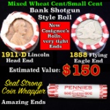 Mixed small cents 1c orig shotgun roll, 1911-d Lincoln Cent, 1858 flying eagle other end Seal Strong