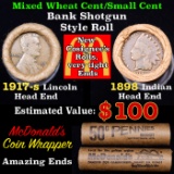 Mixed small cents 1c orig shotgun roll, 1917-s Wheat Cent, 1898 Indian cent other end, McDonalds Wra