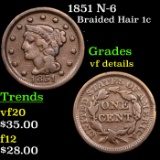 1851 N-6 Braided Hair Large Cent 1c Grades vf details