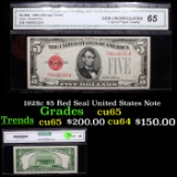 1928c $5 Red Seal United States Note Graded cu65 By CGA