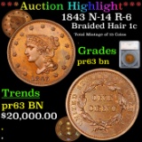 Proof ***Auction Highlight*** 1843 N-14 R-6 Braided Hair Large Cent 1c Graded pr63 bn By SEGS (fc)