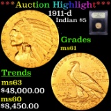 ***Auction Highlight*** 1911-d Gold Indian Half Eagle $5 Graded BU+ By USCG (fc)